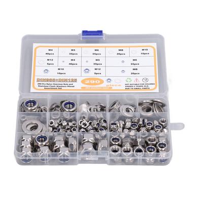 290PCS Nut Washer Assortment 304 Stainless Steel Washers Nylon Lock Nuts M4 M5 M6 M8 M10 M12