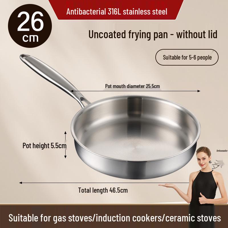 316L Stainless Steel Flat-Bottom Frying Pan with Lid, Non-Stick & No Coating, Multi-Purpose for Stir-Fry
