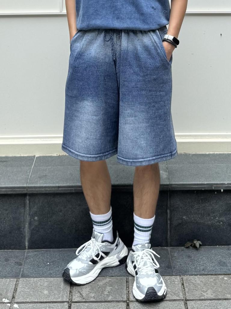 [CHANGE WELL] Men's 2025AW Faded Look Fashion Casual Autumn Clothing [Washed Finish] Big Silhouette Knit Half Pants (INDIGO, XL)