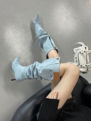 European and American Fine Heel Fashion Boots Women's 2025 New Fashion Western Denim Pointed But Knee Women's Boots