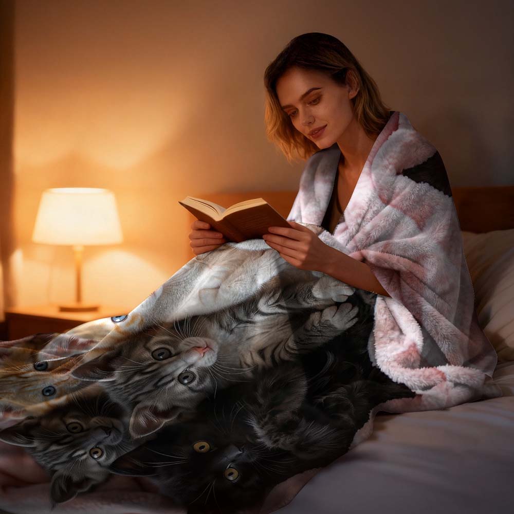 1Pc  Cute Kittens Flannel Throw Blanket Soft Warm Cozy Pet Pattern Blanket For Couch Bed Sofa