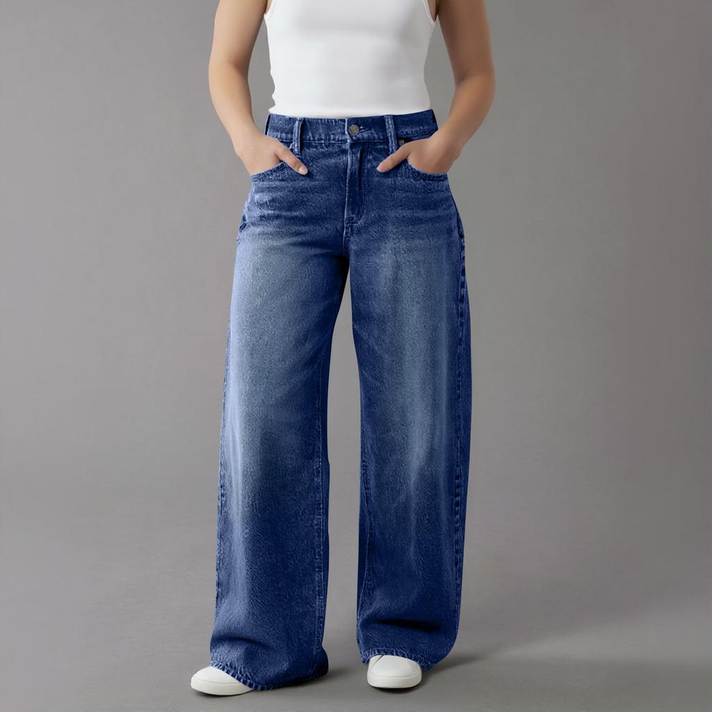 Womens High Waisted Jeans Stretchy Flared Straight Leg Loose Trendy Hem Denim Pants