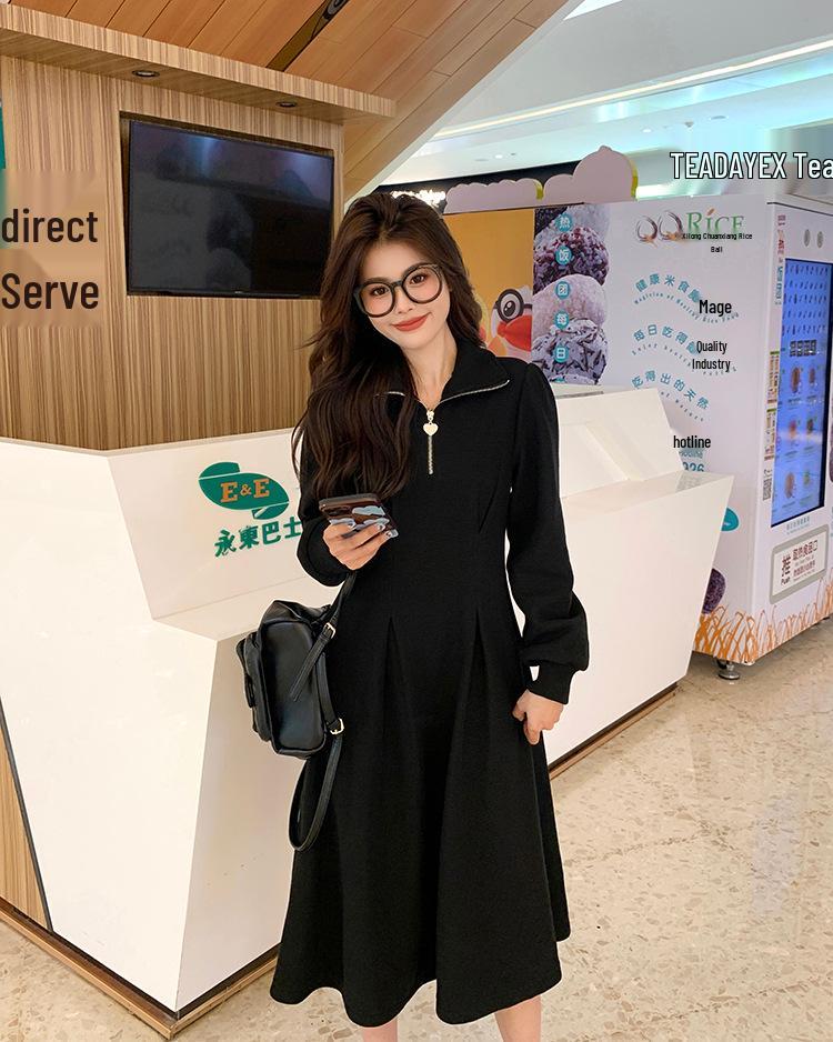 Women's Plus Size Waffle Knit Long Sleeve Dress with Cinched Waist and Polo Collar - New 2025 Spring/Autumn Style