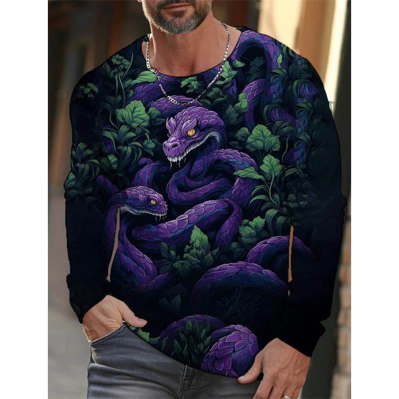 Spring and Autumn Round Neck 3D Snake Pattern Printed Top Fashionable Casual Long Sleeved Men's T-shirts