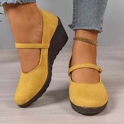 Fashion Round Toe Suede Slip Strap Single Shoes Autumn New Platform Anti-Slip Wear-Resistant Mid-heel Wedge Shoes
