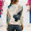 Women Plus Size V Neck Long Sleeve Eyelet Chain Lace Up Curved Hem Printed Top