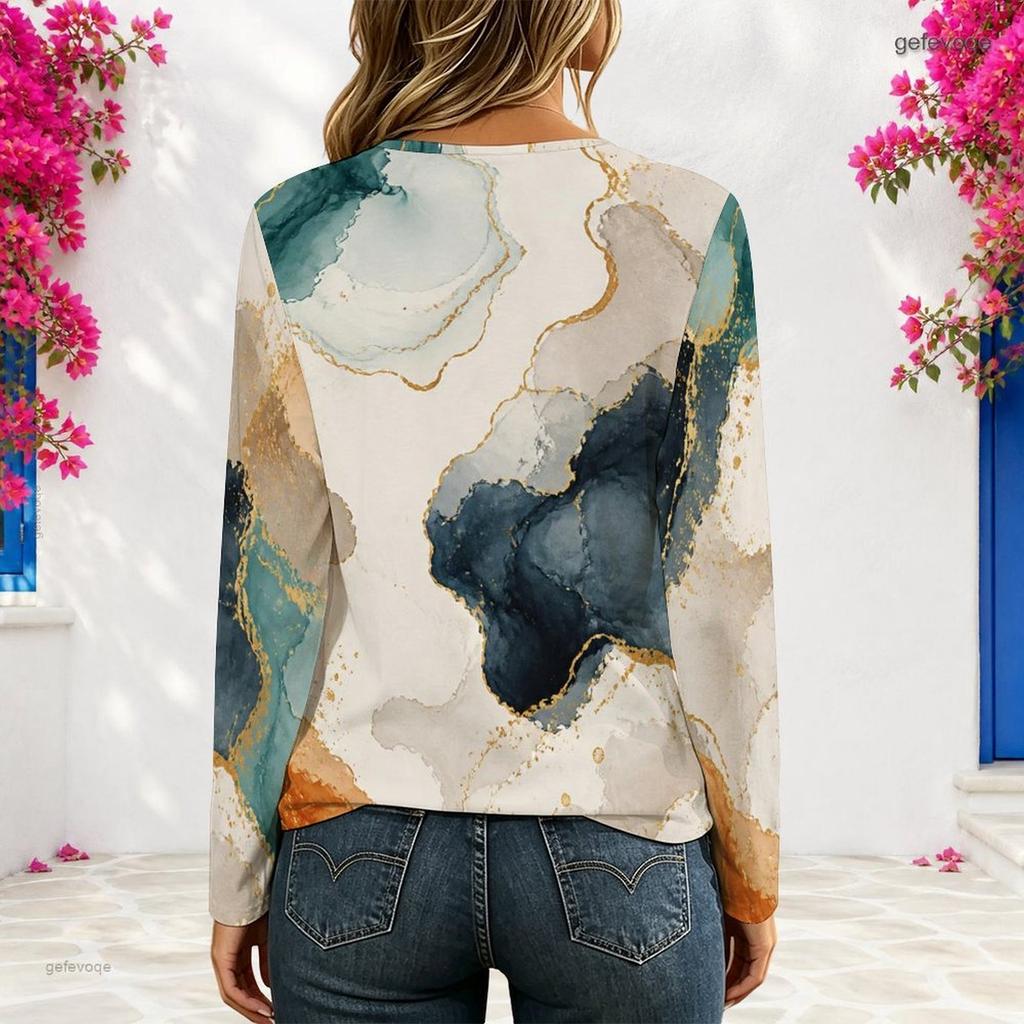Women Plus Size V Neck Long Sleeve Eyelet Chain Lace Up Curved Hem Printed Top