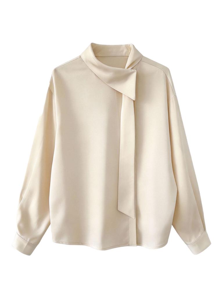 LUXI French Design Silk Tie-Up Collar Elegant Women's Spring Top