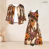Women Plus Size Two Piece Set Halloween Printed Three Quarter Sleeve Cardigan Sleeveless Long Dress