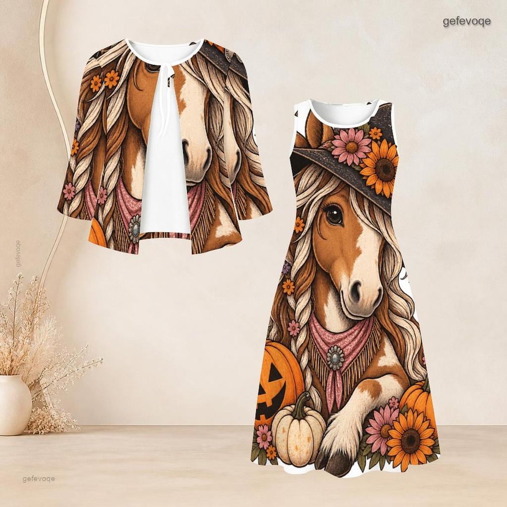 Women Plus Size Two Piece Set Halloween Printed Three Quarter Sleeve Cardigan Sleeveless Long Dress