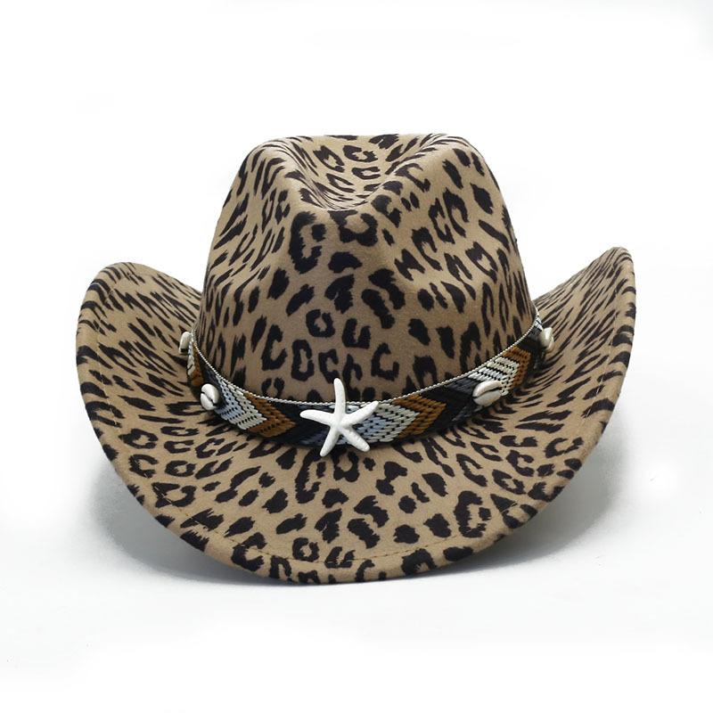 Leopard print felt hat men and women British retro woolen jazz hat European and American street fashion top hat Western denim