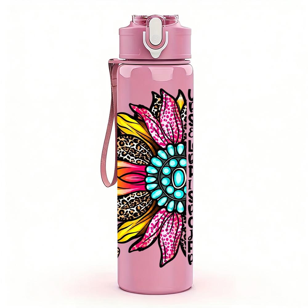 1PC Mandala Sunflower Text Art 750ml Color Plastic Sports Water Bottle Leakproof Flip Straw Lid Suitable for Sports Office Home Use