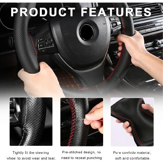 Genuine Leather Steering Wheel Cover, 15 Inches Breathable Stitch On Wrap Steering Wheel Cover, Anti-Slip Auto Wheel DIY Sewing Protector With Needle