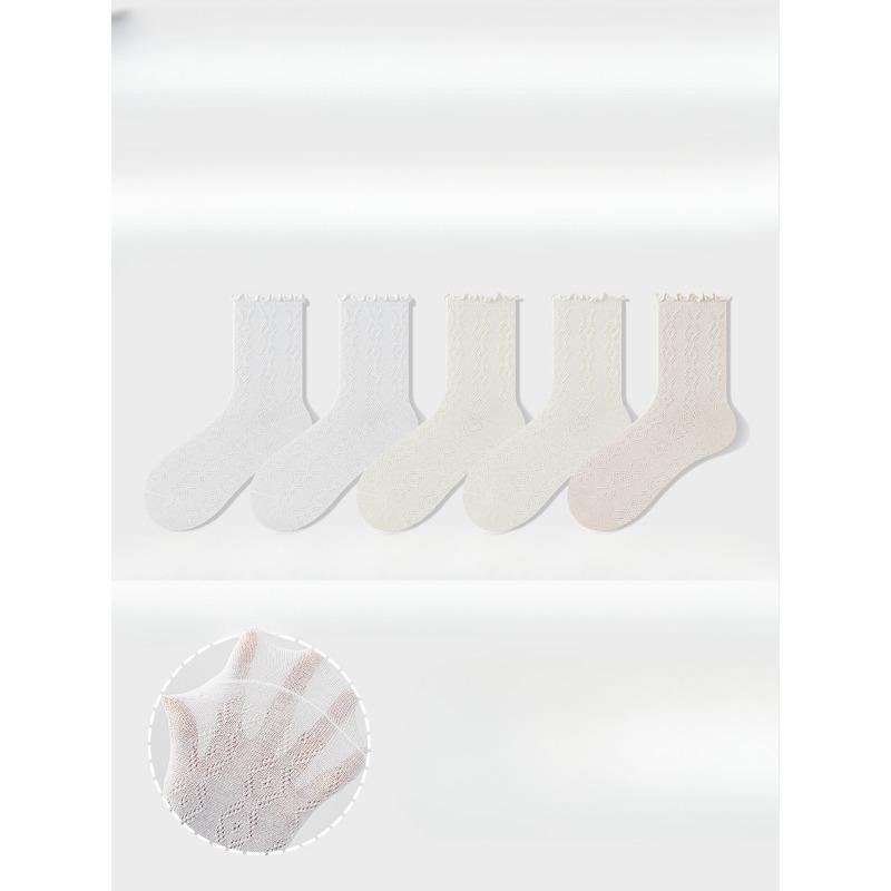 5 Pairs of Women's Summer Thin Style All Kinds of Mesh Hollow Wooden Ear Side Tube Stack Socks
