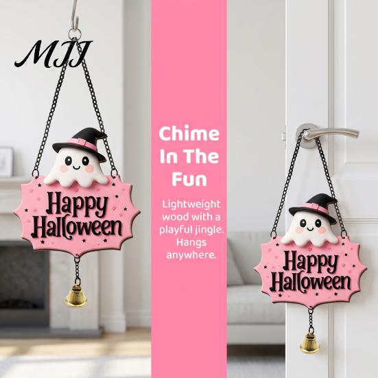 Indoor Wall Art for Holidays Halloween Cute Witch Hat Ghost Door Sign, Wooden Hanging Decoration, Decorative Skull Doorbell Pendants Outdoor