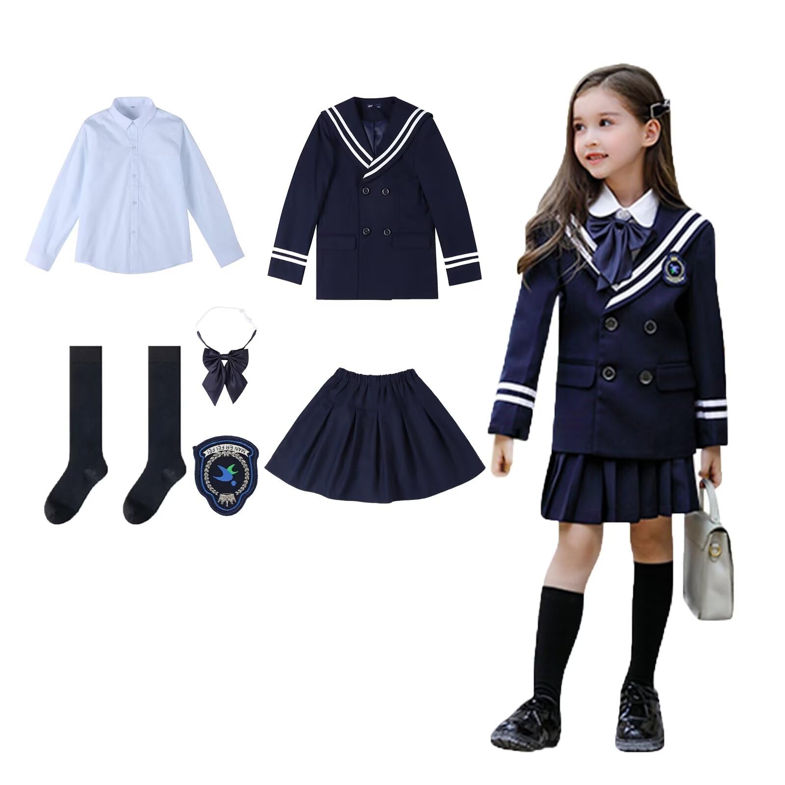 

Формальный костюм Kayiyasu для выпускных и вступительных мероприятий, размеров для девочек, 110-160 см (Куртка, Рубашка, Платье, Галстук, Нашивка, Чулки)