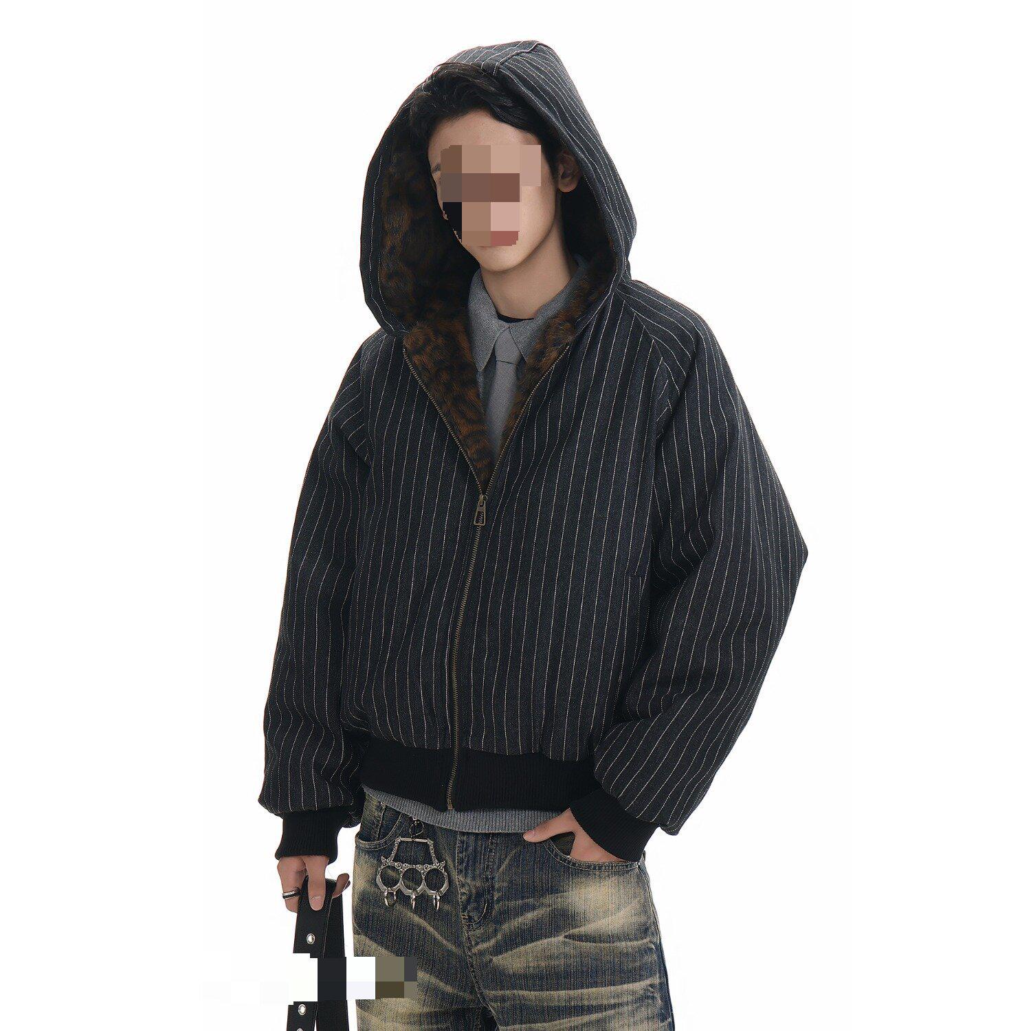Unisex Winter Striped Hooded Cotton Jacket - Casual Loose Fit with Leopard Print XL