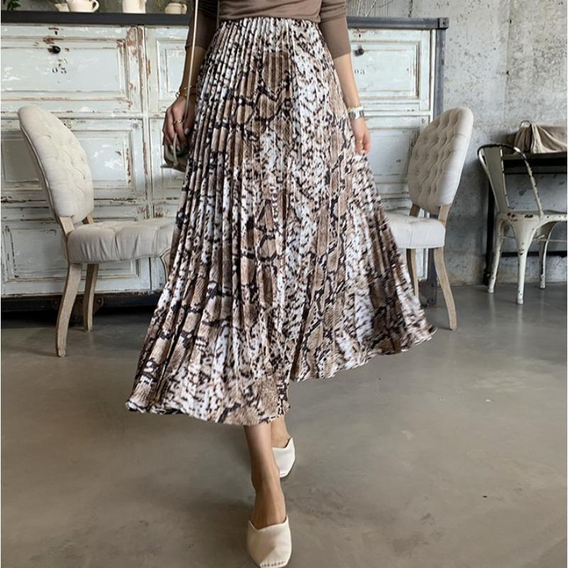 DX~~Ny stil western-stil slangetrykk med høy midje plissert skjørt med orgel, retro flytende og slankende plissert skjørt, langt skjørt i A-linje