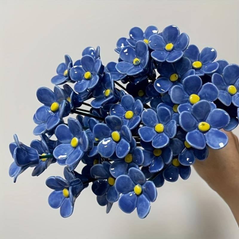 10pcs Forget-Me-Not Ceramic Flowers Handcrafted Fade-Resistant Pottery Decor for Indoor/Outdoor Home Decoration Preserved Flower