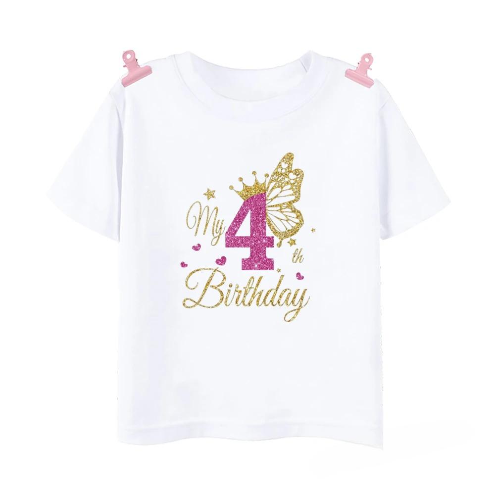 Girl's Birthday 1-12, Wild T-shirt, Children's Butterfly Printed Fashion Top, Short Sleeve T-shirt