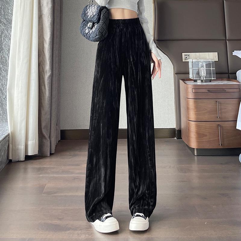 Golden Velvet High-Waist Fleece-Lined Wide-Leg Pants for Women - Slimming & Casual Autumn/Winter Trousers