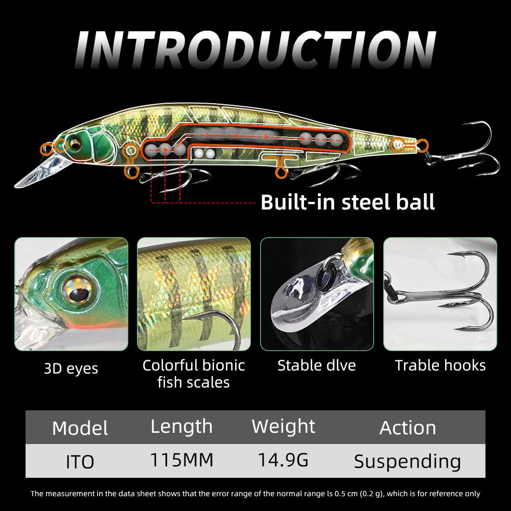 MEREDITH ITO Suspending Minnow 115mm 14.9g 1.8-2m Depth Treble Hooks Pike Bass ITO