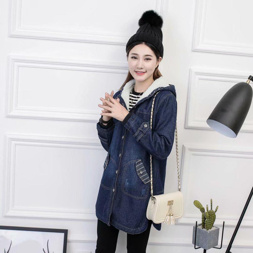 Women's Plus Size Hooded Denim Cotton Coat with Fleece Lining - Korean Style, Mid-Length, for Autumn and Winter.