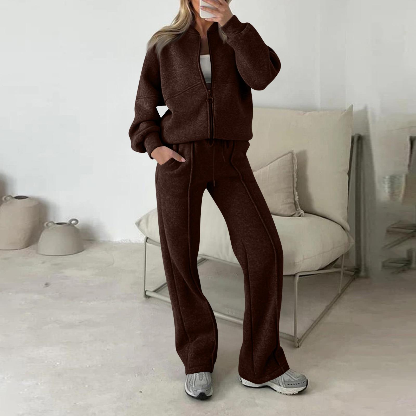

Женский модный комплект из двух предметов: однотонный свитшот с длинными рукавами и на молнии и брюки, повседневный набор XL коричневый