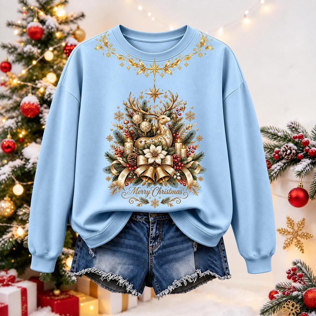 Women's Christmas Print Long Sleeve Top Casual Winter Comfortable Blouse for Holiday Wear