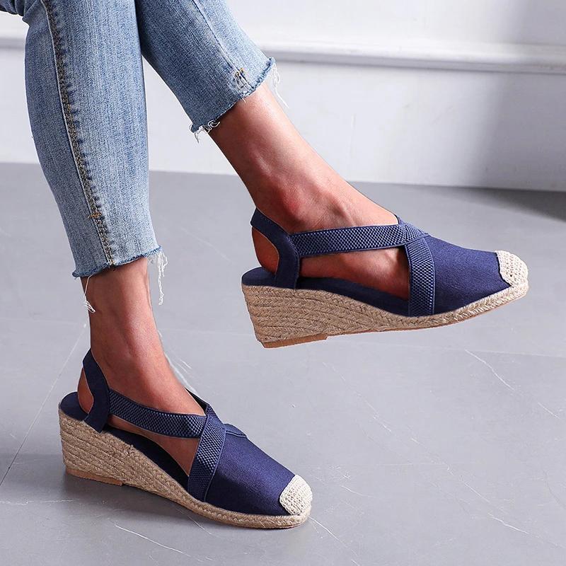 Fashion Women Sandals Summer Fashion Solid Color Espadrilles Casual Cross Belt Casual Wedge Sandal Fashion Outdoor Beach Ladies Shoes