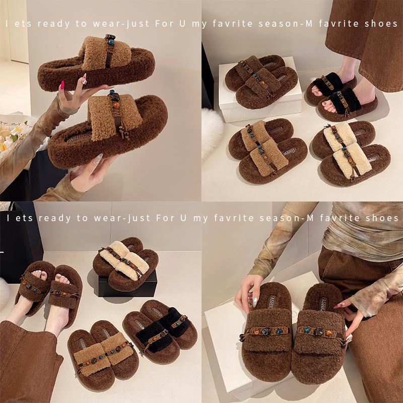 Home Lamb Wool New Autumn and Winter Cotton Slippers Thick-soled Fluffy Slippers Women's Wear Feels Warm