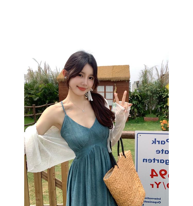 Women's Plus Size Summer A-Line V-Neck Suspender Dress, Chinese Style with Slim Waist and Tube Top Design