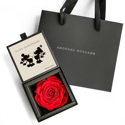AMOROSA Preserved Flower Diamond Rose Box 85 Disney HAPPY ANNIVERSARY W zestawie Jasnoczerwony Biały Dzień Prezent Kwiat Urodziny Rocznica Propozycja