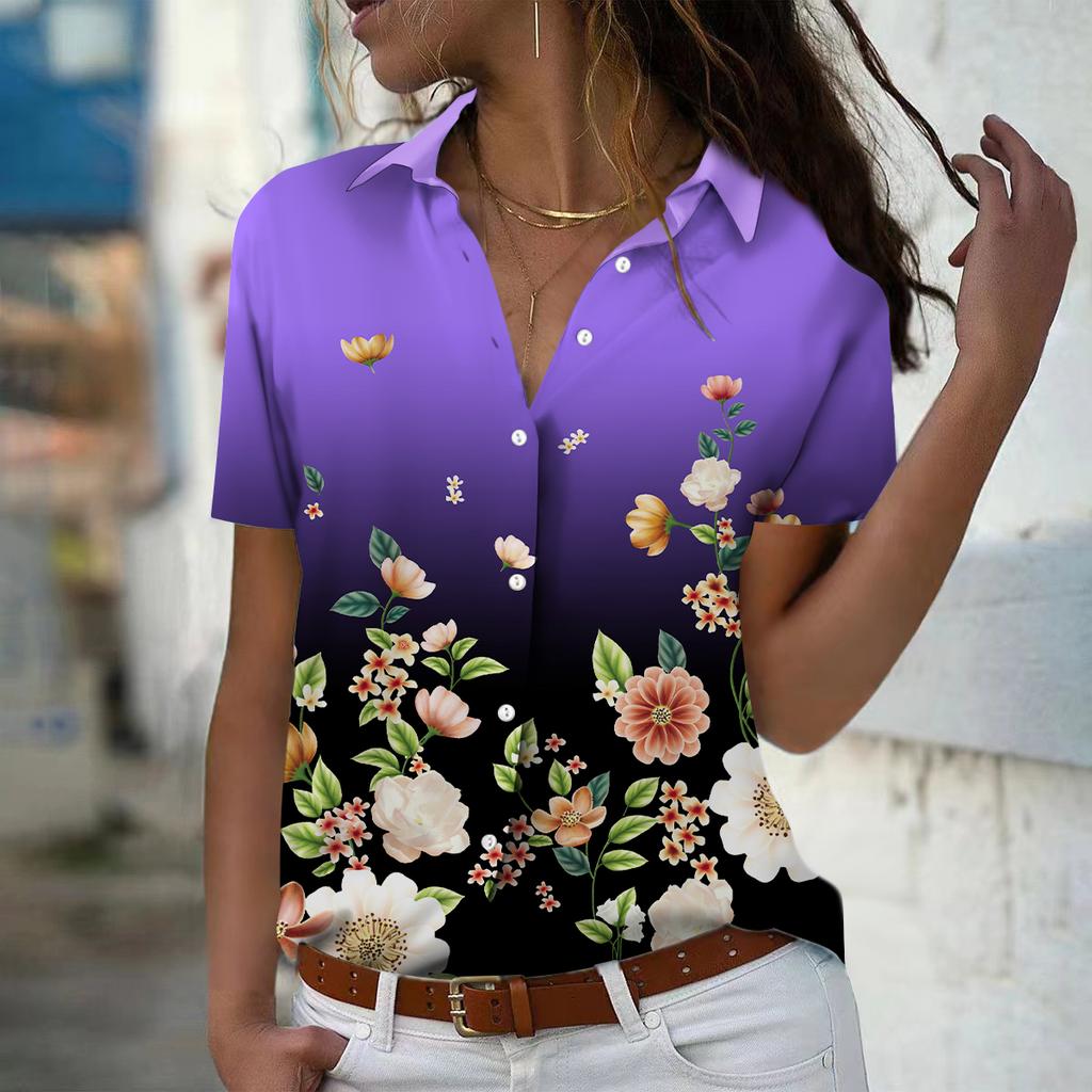 2025 Summer New Fashion Women's Flower Printed Short Sleeve V-neck Casual Button-down Shirt Top