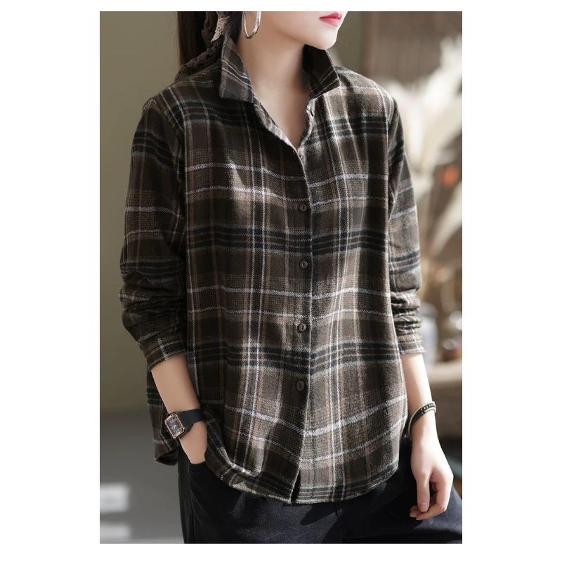 Women's New Spring and Autumn Large Size Versatile Cotton Plaid Long-sleeved Shirt