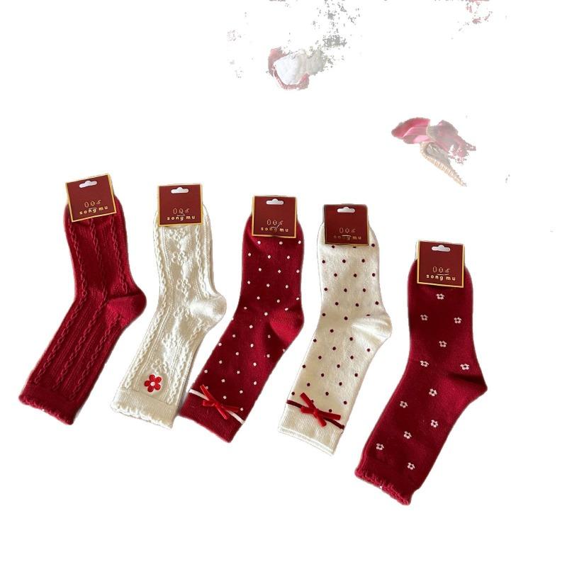 Cashmere Socks, Women's Big Red Socks, New Year Socks, Bow Polka Dot Small Flower Red Pile Socks