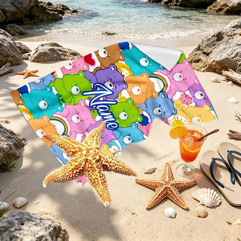 Custom Name Personalized Care Bears Print Beach Towel, for Trip Camping Beach Party Home Decor, Birthday Gift for Family & Friends