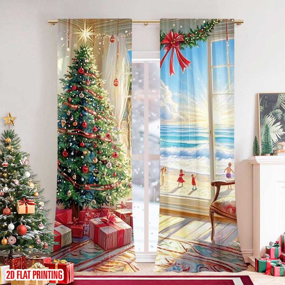 2pcs 2D flat printing Merry Christmas Curtain Christmas Tree Beach Durable 100% Polyester Fabric Without Electricity Family