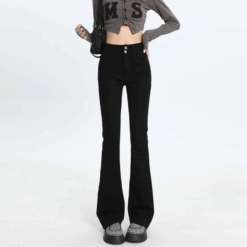 Cement Grey High Waist Slightly Flared Jeans for Women's Spring New Double Button Design Stretch Slim and Versatile Flared Pants