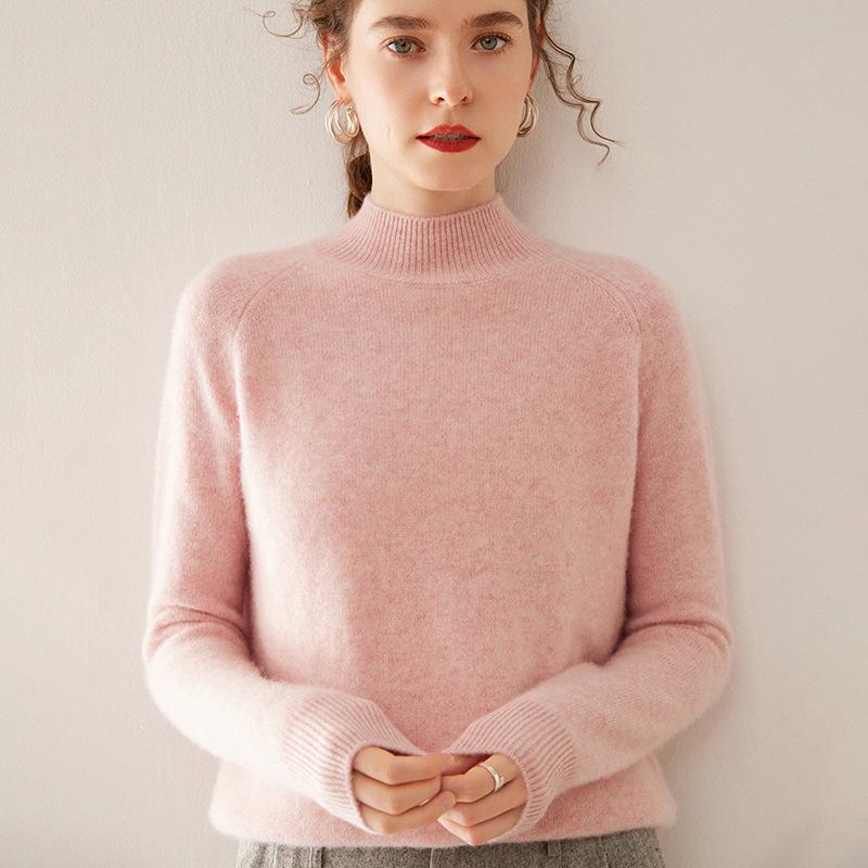 2024 Women's Autumn/Winter Thickened Slim Fit Cashmere Sweater - Semi-High Neck, Solid Color, Warm Knit Base Layer