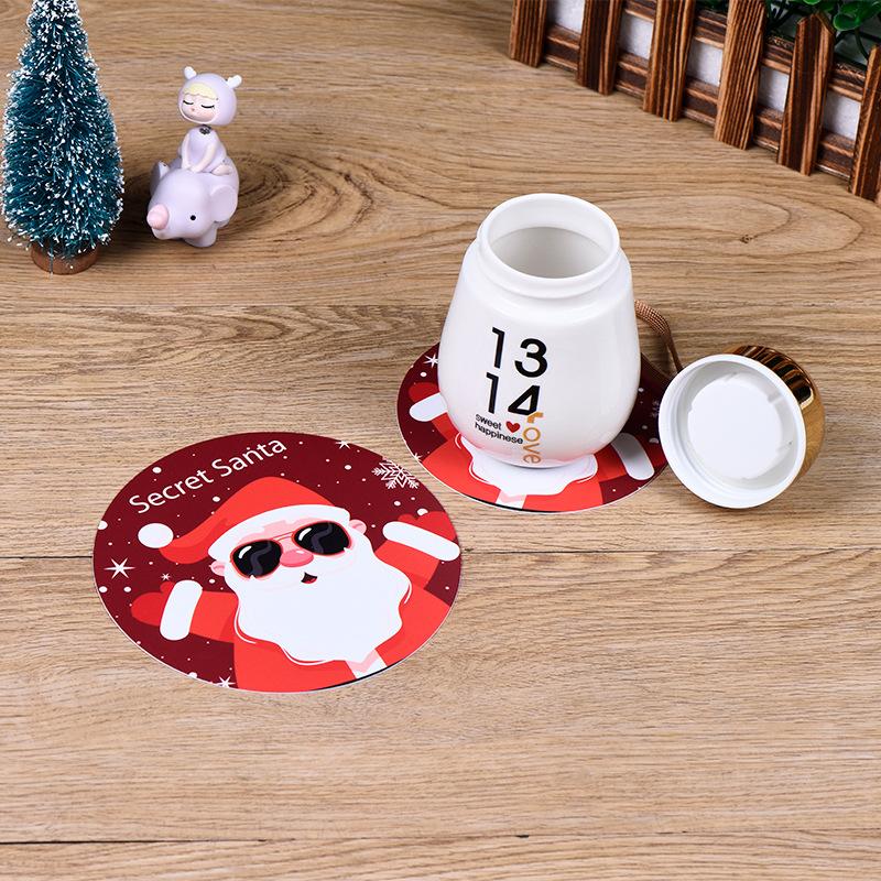 5Pcs/set Merry Christmas Round Cup Mat Table Placemats Coaster Anti-slip Kitchen Cushion Romantic Wedding New Year Party Pad