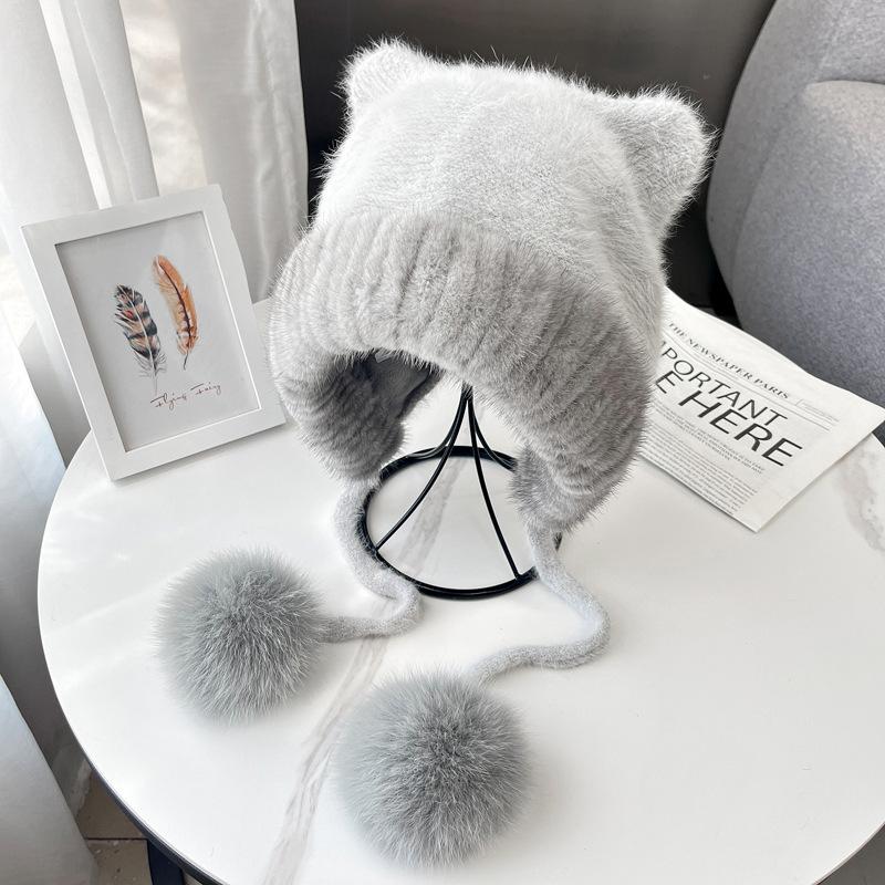 Luxury Women's Hand Knitted Adjustable Winter Beanie Mink/Fox Fur Lined Thermal Ear Protection Fashionable Functional Earmuffs