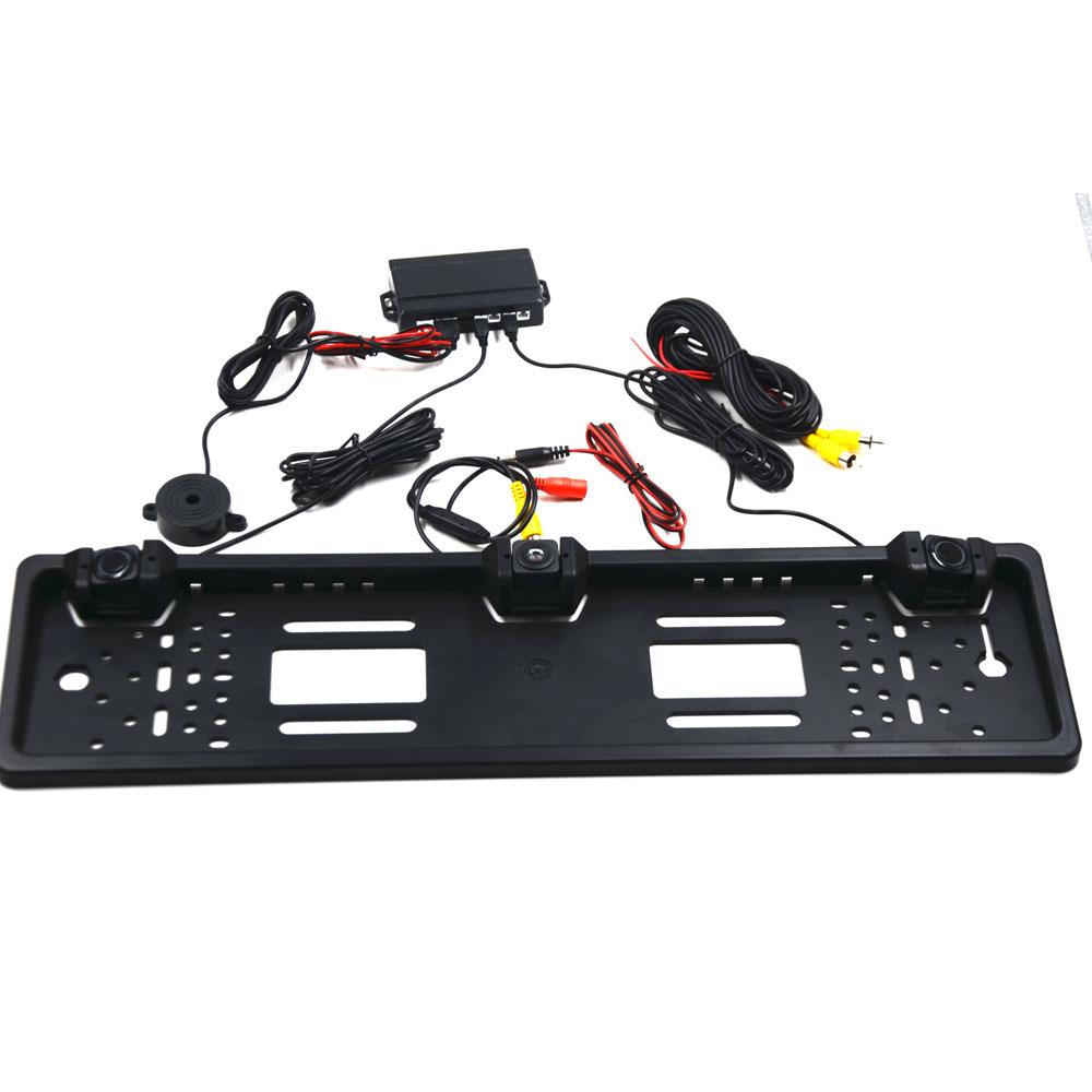 EU Europe Car License Plate Frame Rear View Camera 170 Degree Night Vision with 2 Visual Reversing Radar Detector