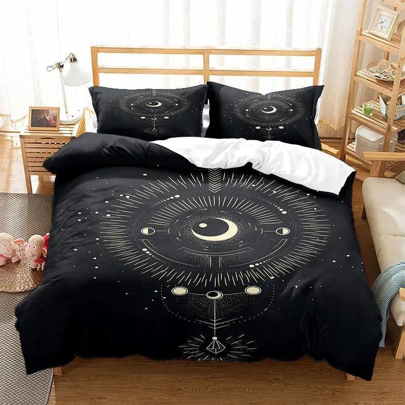 Sonne Mond Bettbezug KingQueen Größe, Galaxie Boho Exotisches Bettwäscheset Schwarz Gold Astrologie Himmlisch Polyester Steppdecke