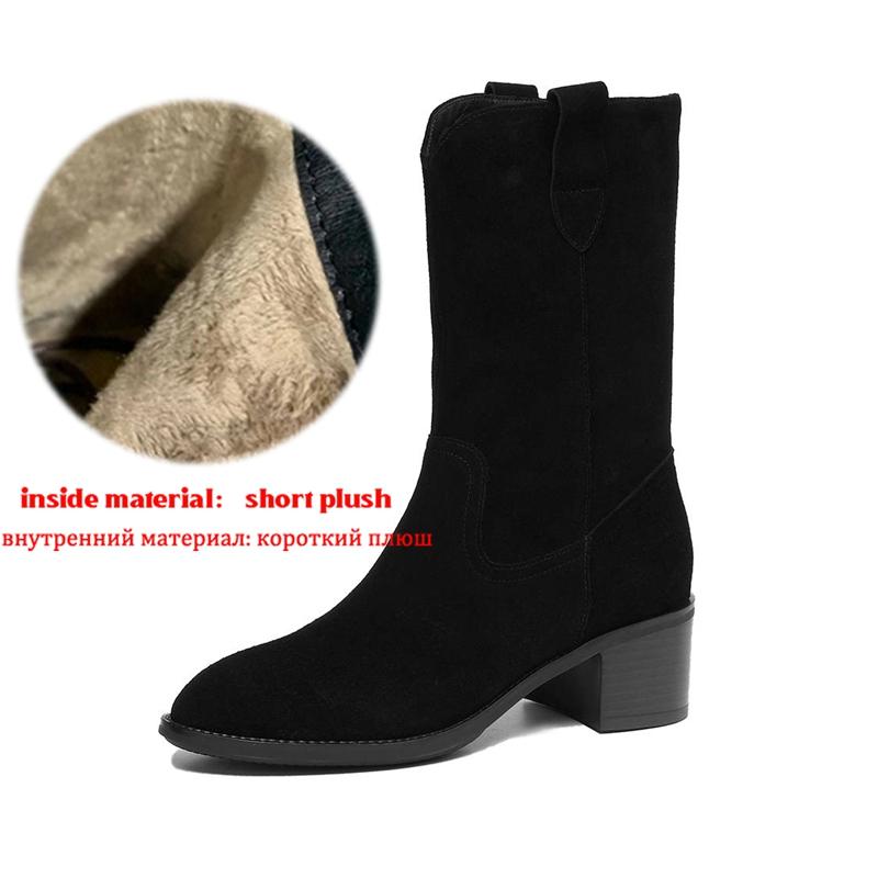 

Krazing Pot Коровья замша Нубук Зимние Ботильоны с Круглым Носком на Среднем Каблуке Слипоны Вязаные Женские Ботильоны До Середины Икры 42