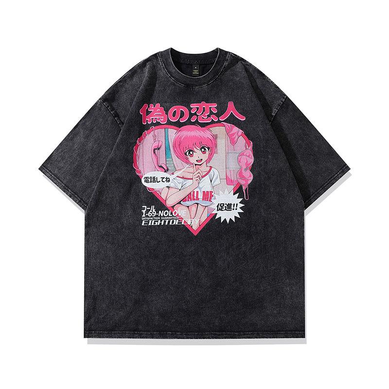 Harajuku Street Trendy Brand Sweet And Cool Cartoon Print Washed Short-Sleeved T-Shirt Men'S Ins Loose And Old Half-Sleeved Top