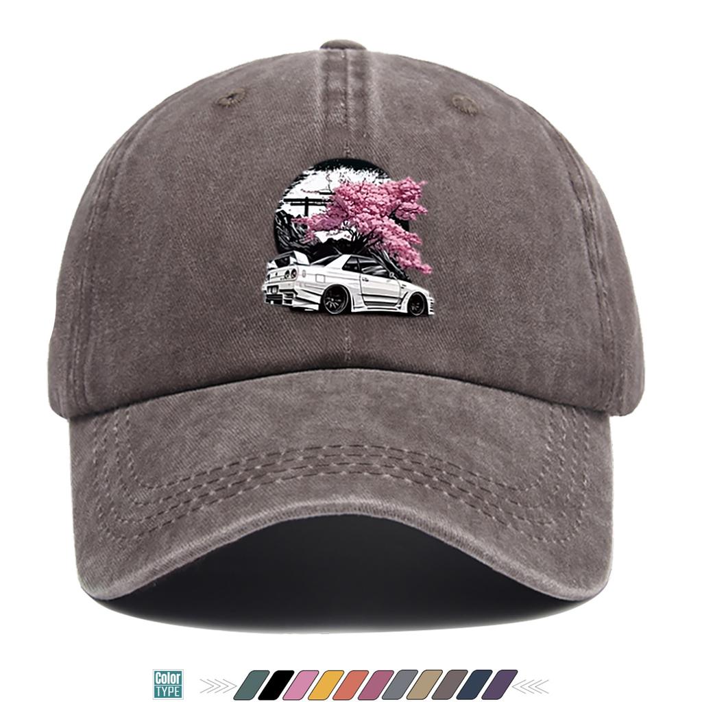pc Cherry Blossom White Sports Car Print Baseball Cap Adjustable Snapback Hat Suitable for Streetwear Car Culture Road Tr