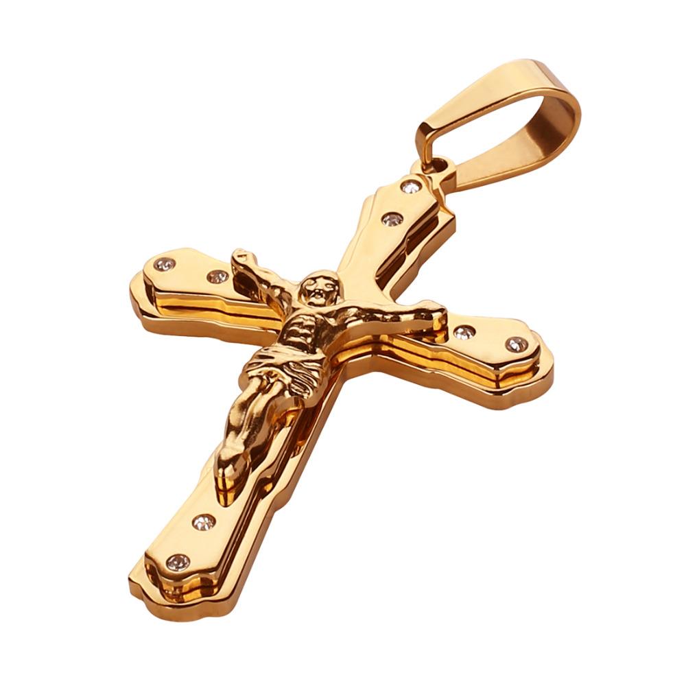 New Arrival Jesus Cross Crystal Pendant Necklace Link Byzantine Gold Color Stainless Steel Men Jewelry Collier 21.65" 6mm MN81