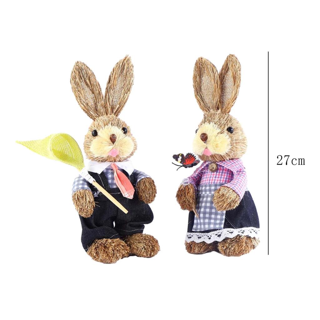 2x Artificial Straw Rabbit Souvenir Bunny Figurine Easter Straw Bunny Ornaments for Easter Holiday Party Household Decoration