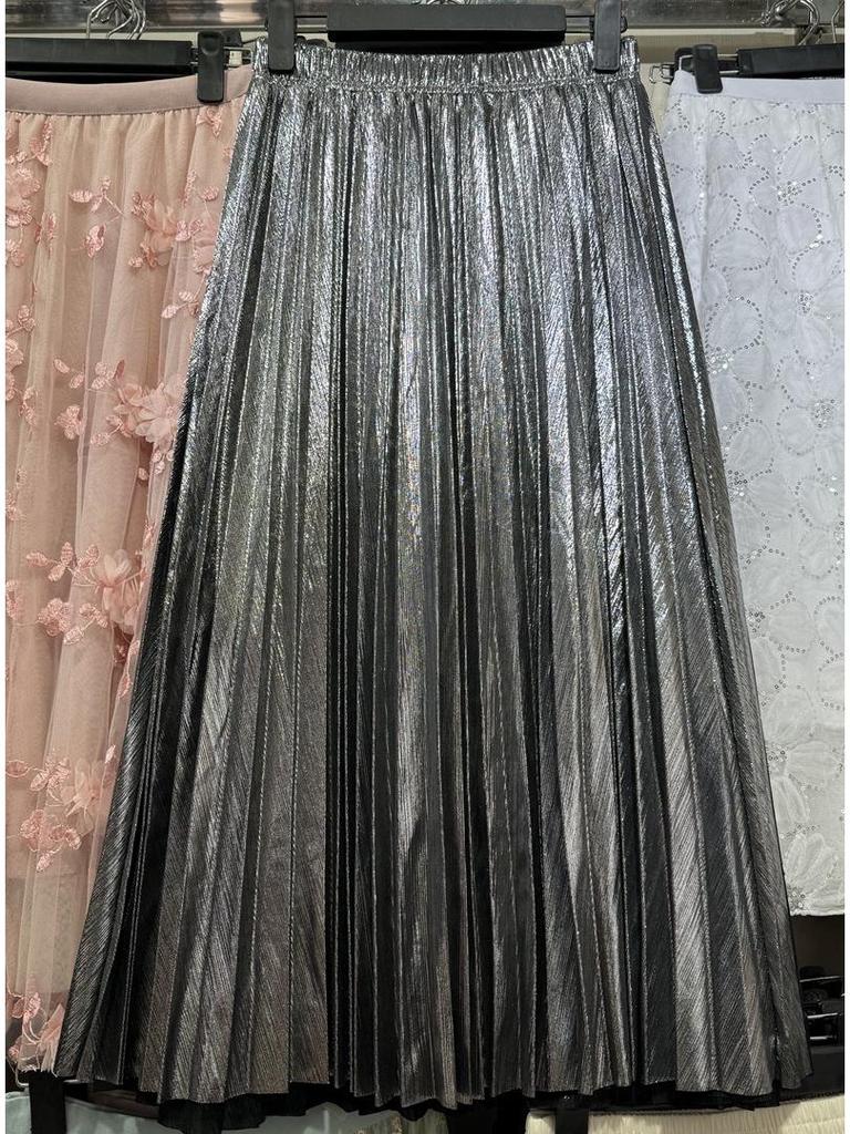 Autumn/Winter 2019 Korean High-Waist Slim Pleated A-Line Skirt with Reflective Metal Details
